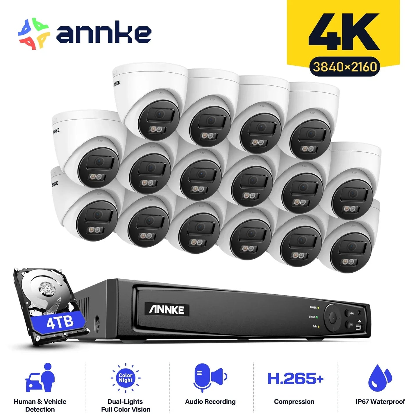 ANNKE 4K 8MP PoE CCTV System | 16CH H.265 NVR, 12× 8MP EXIR Cameras, 30m Night Vision