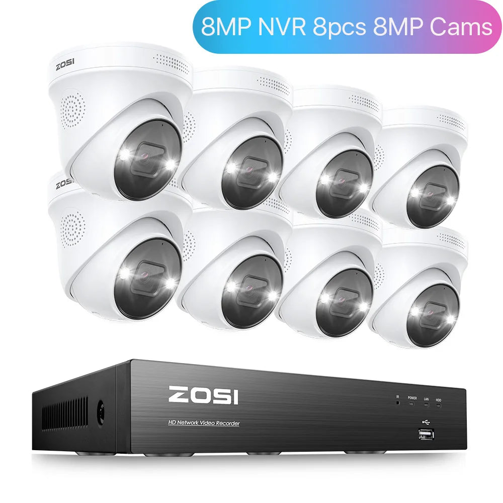 ZOSI 4K 8MP PoE Security Camera System – 8CH H.265+ NVR with 5MP/8MP Outdoor IP Cameras | AI Human/Vehicle Detection & Full‑Color Night Vision | Home & Business CCTV Kit