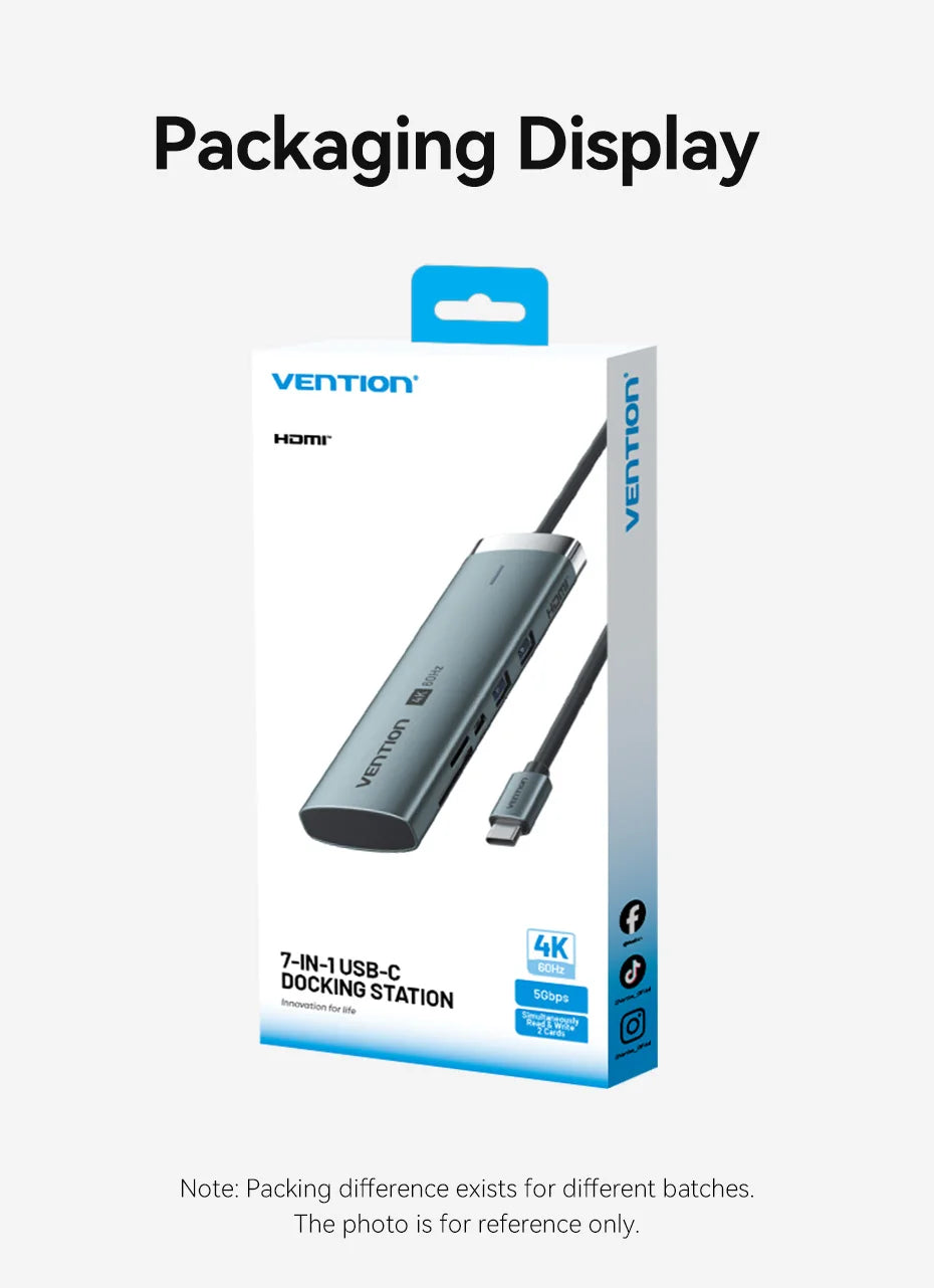Vention USB‑C 7‑in‑1 Hub | 4K60Hz HDMI, USB 3.0, SD/TF, PD 100W Docking Station