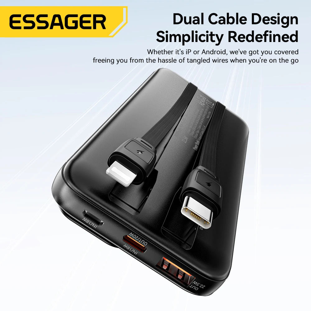 ESSAGER 20000mAh Power Bank with Two Built-in Cables 22.5W PD