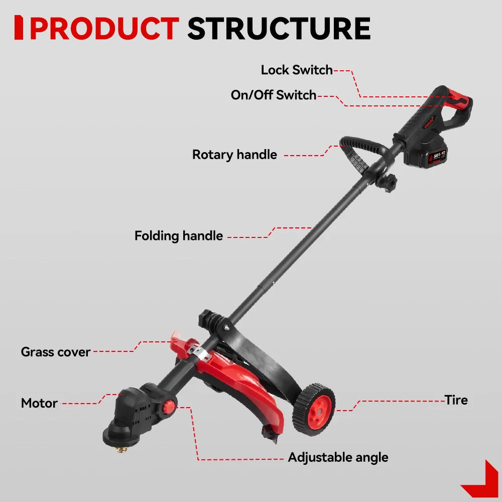 ONEVAN 10Inch Brushless Electric Lawn Mower 38000RPM Cordless 45° Grass Trimmer Garden Power Tool For Makita 18V Battery Pin