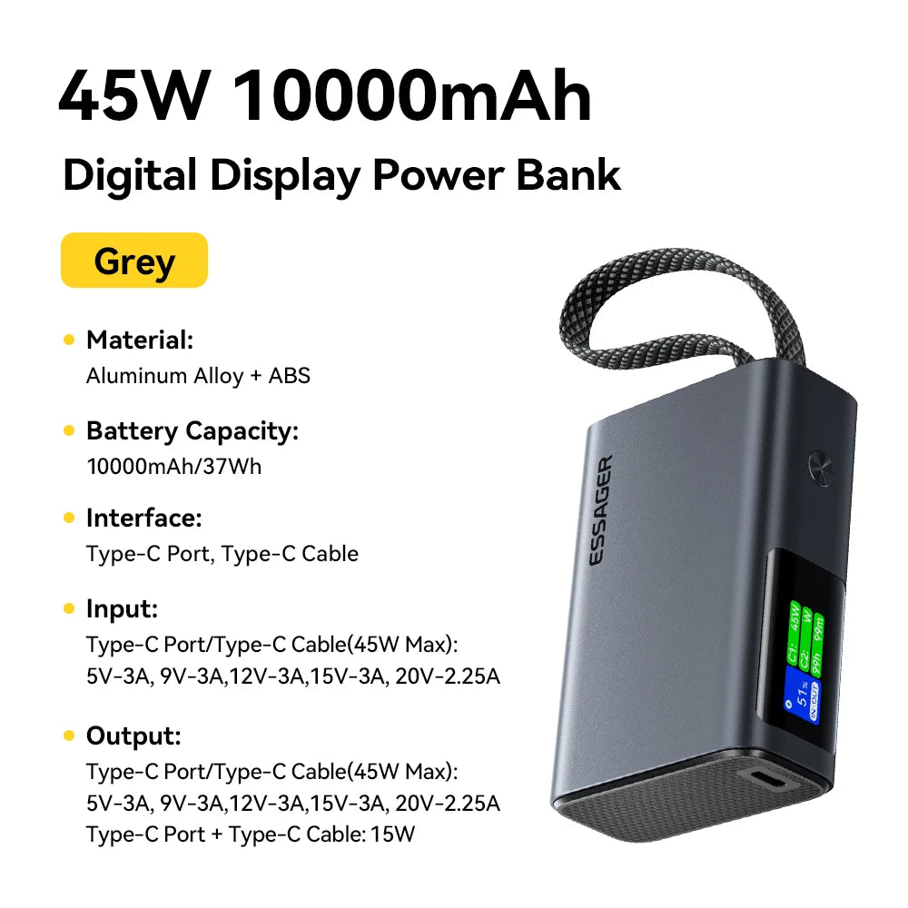 ESSAGER 45W Power Bank 10000mAh with Built-in USB-C Cable
