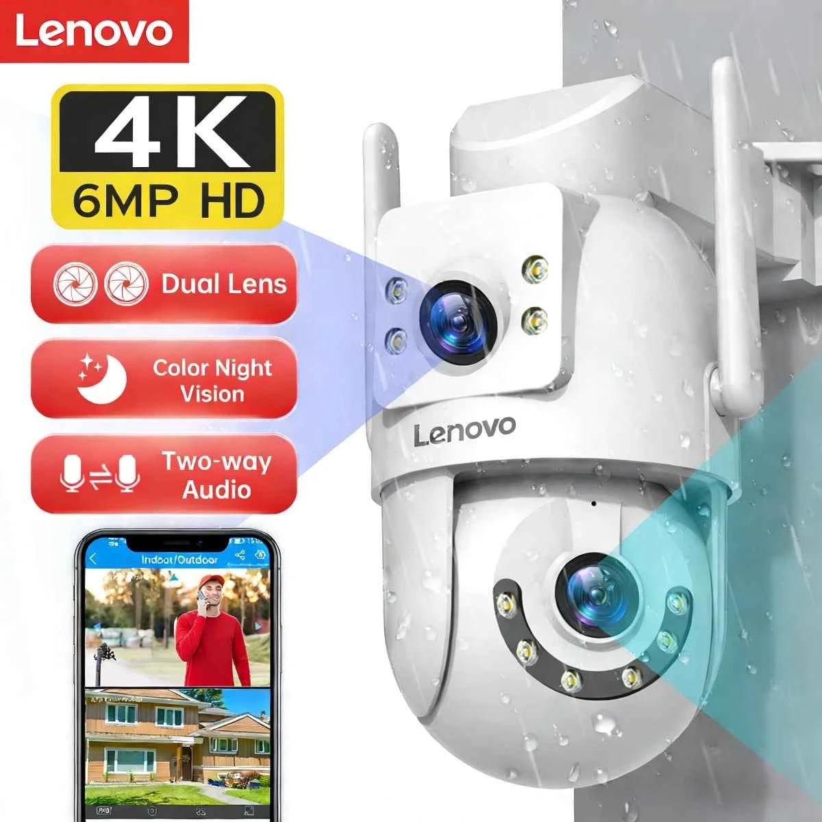 Lenovo 4K 6MP WiFi Surveillance Camera Outdoor Security Dual Lens Dual Screen AI Tracking PTZ IP Camera CCTV Video Surveillance - Limetastore