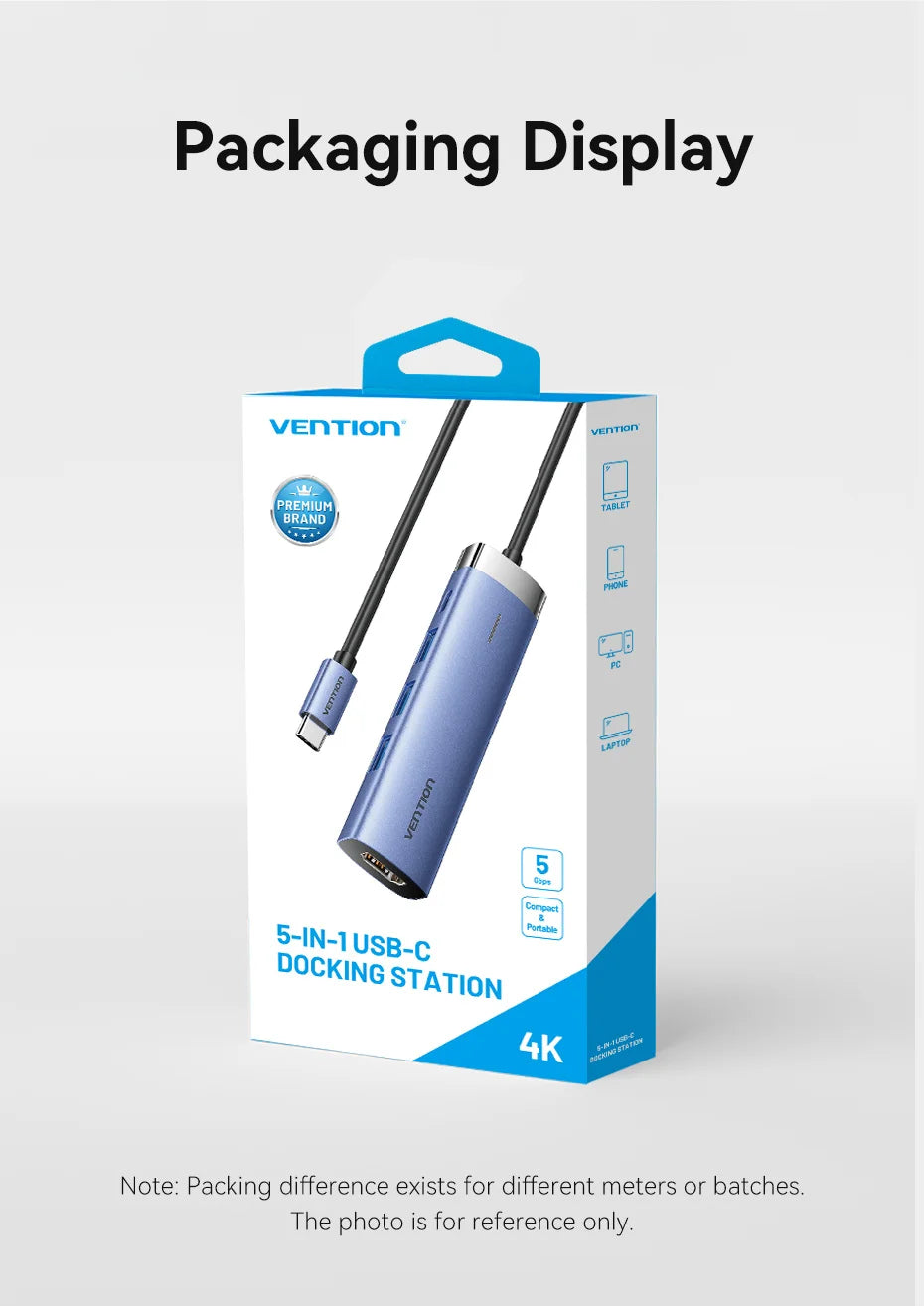Vention USB‑C 5‑in‑1 Hub | HDMI 4K, PD 100W, USB 3.0 5Gbps Docking Station