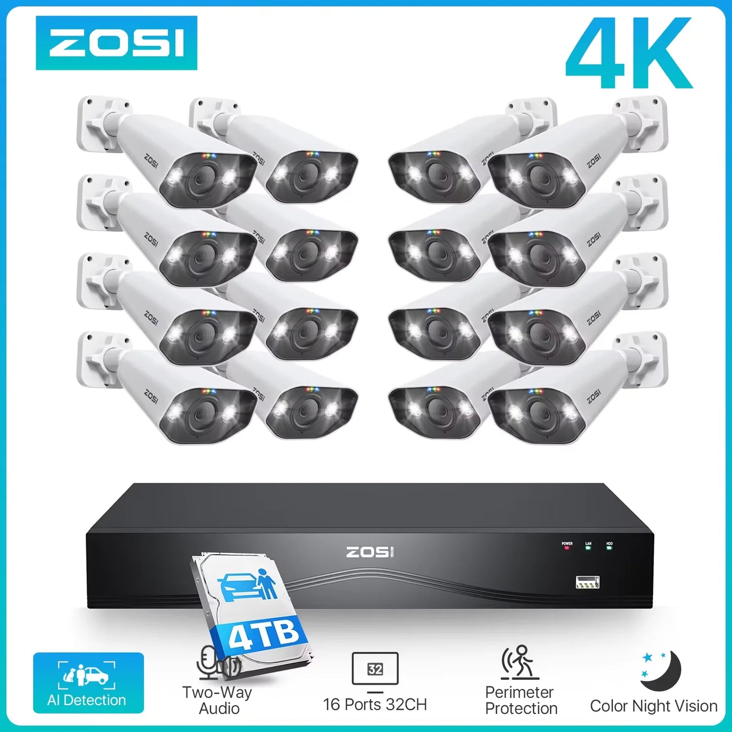 ZOSI 4K 32CH PoE Security Camera System – 8MP Ultra HD IP Cameras with AI Face