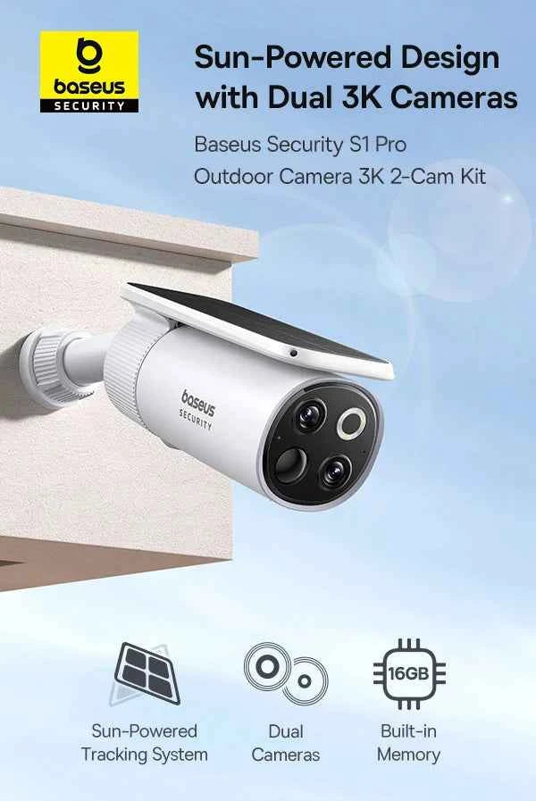 Baseus Security S1 Pro Outdoor Camera 3K Clarity Wireless Solar Security Camera Continuous Power IP67 Wifi Camera 2-Camera Kit - Limetastore