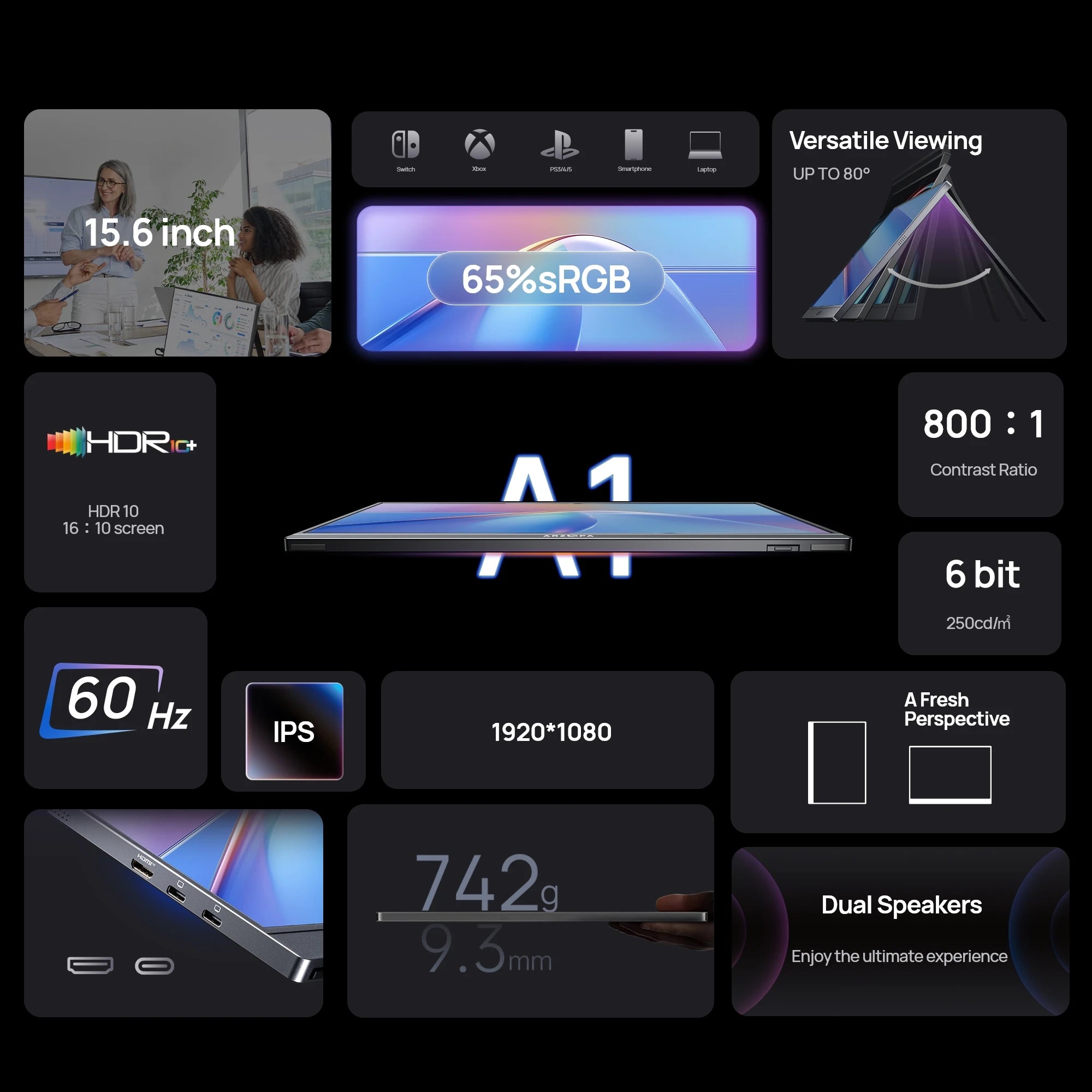 ARZOPA 14/15.6/17.3" Portable Monitor | 1080P FHD IPS, USB‑C & HDMI, External Second Screen