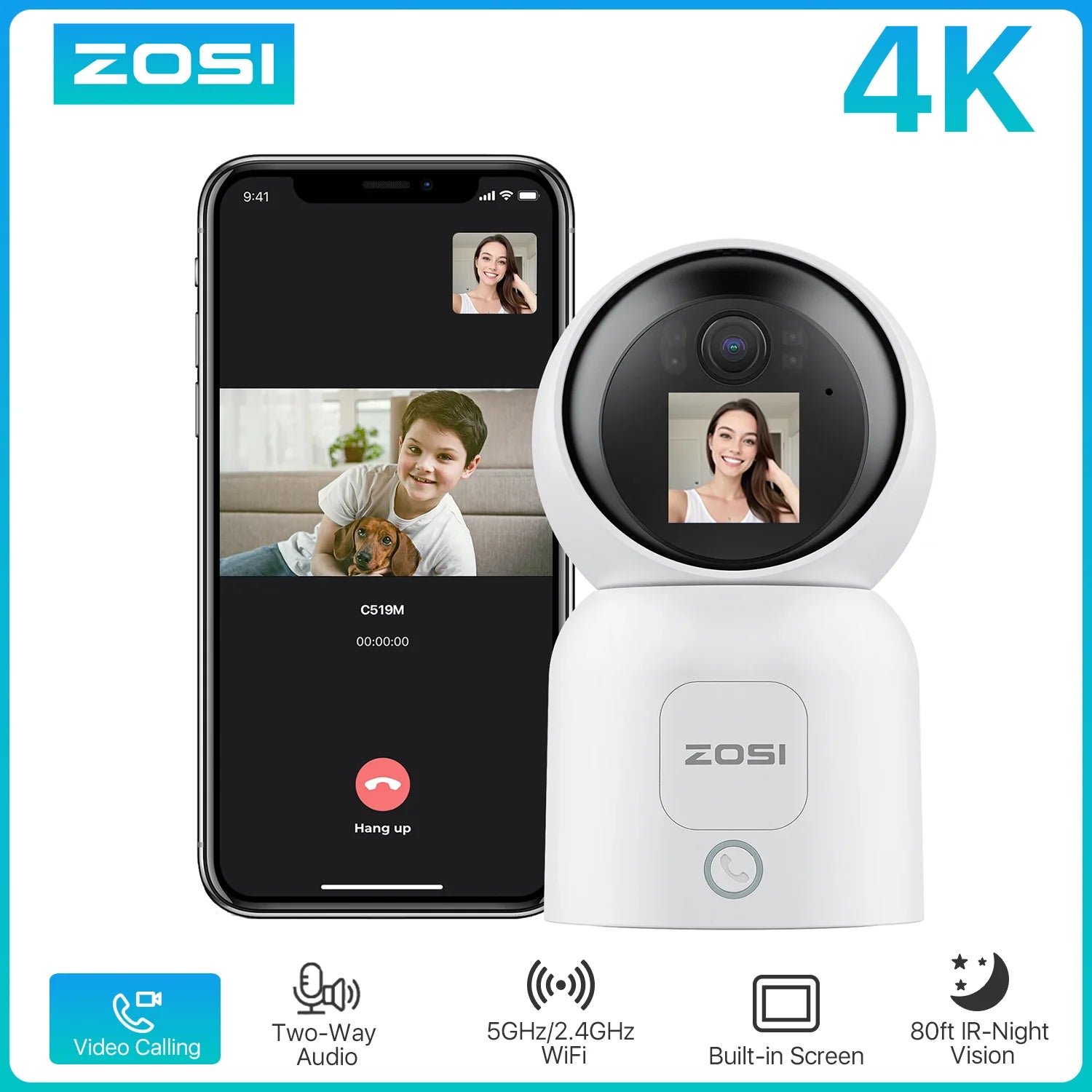 ZOSI C519M 4MP/5MP/4K WiFi Security Camera – 2.4/5GHz Indoor Home Cam with 360° View