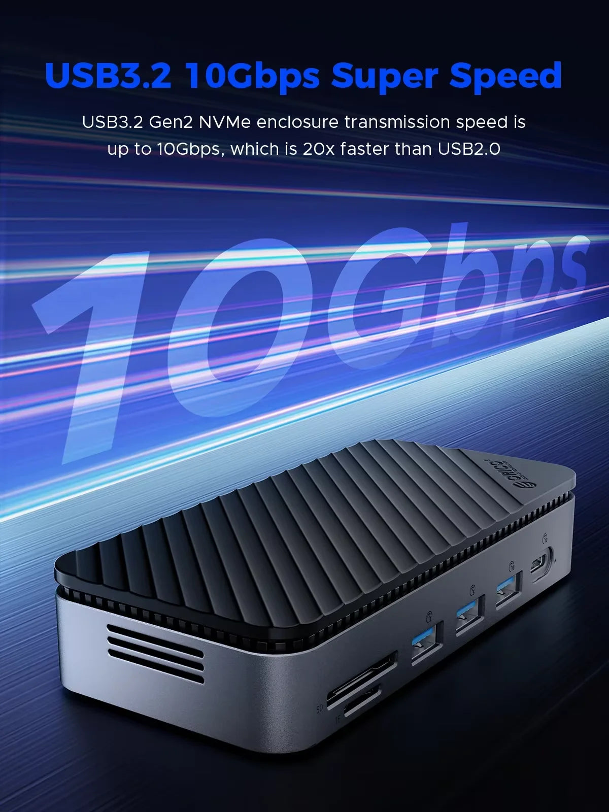 ORICO 10Gbps USB‑C Display Hub with M.2 NVMe/SATA SSD Enclosure, Cooling Fan, 4K60Hz HDMI