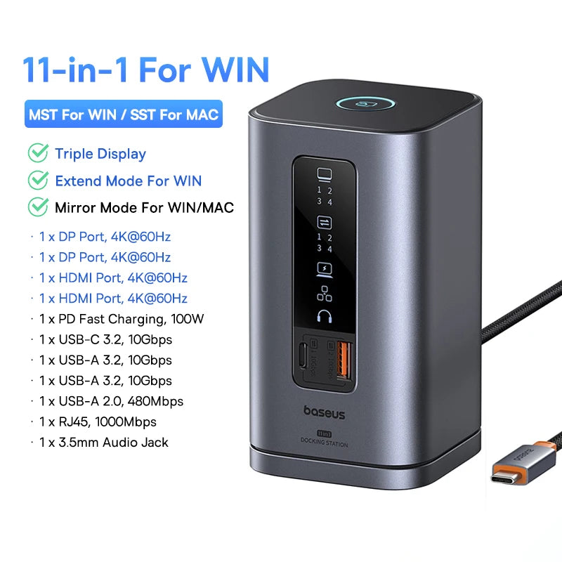 Baseus 11‑in‑1 USB‑C HUB for Mac M3/M2/M1 | HDMI 4K@60Hz, MST Triple Display, PD100W Docking Station
