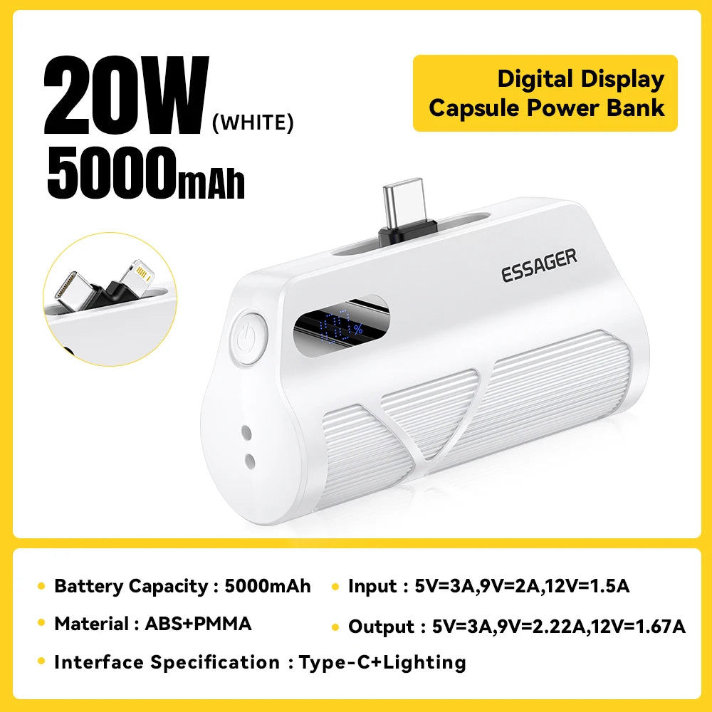 ESSAGER Mini Capsule Power Bank 5000mAh 20W PD Fast Charging
