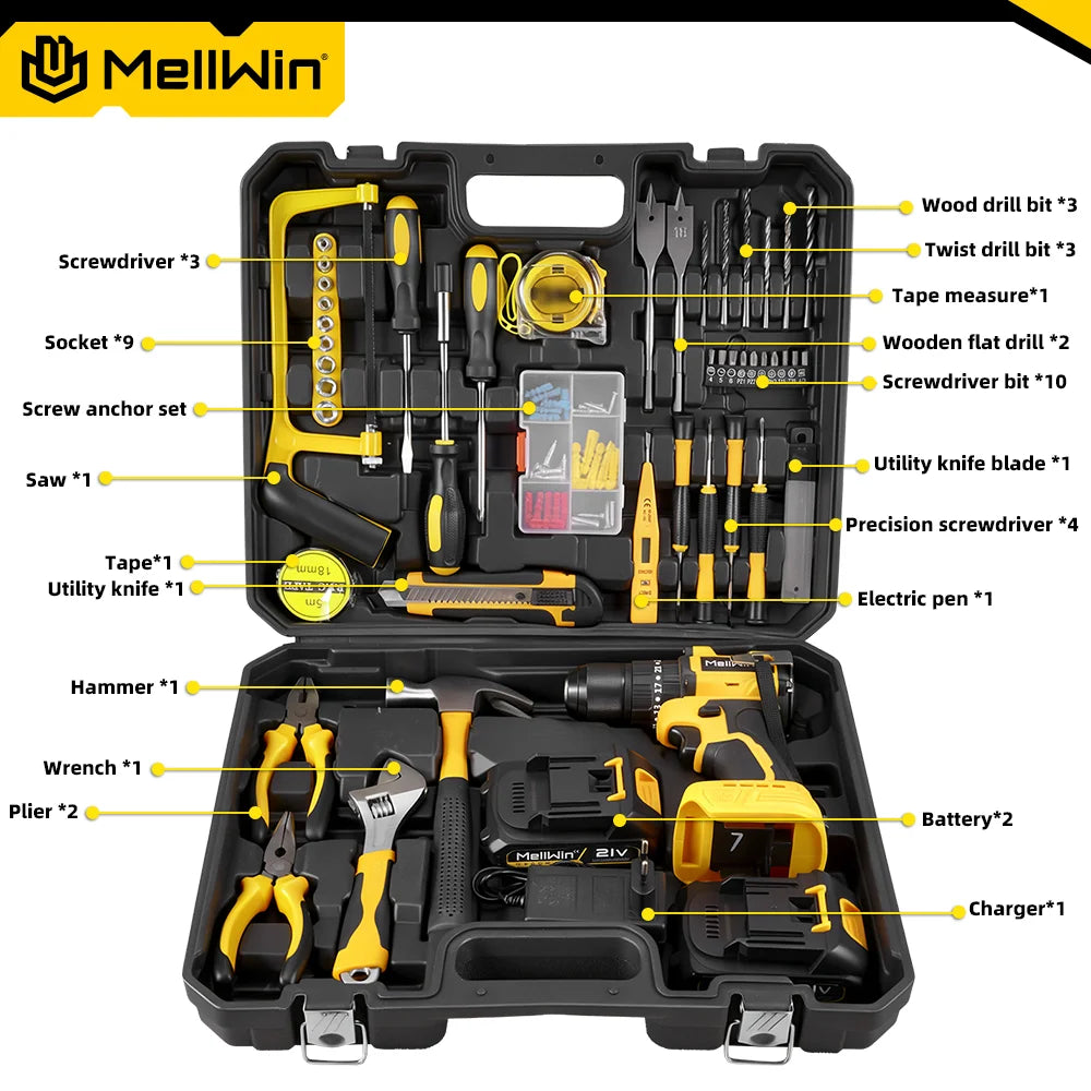 MELLWIN 480N.m Brushless Electric Impact Drill Set 3 IN 1 Cordless Multipurpose Screwdriver Tool Set For Makita 18V Battery Pin - Limetastore