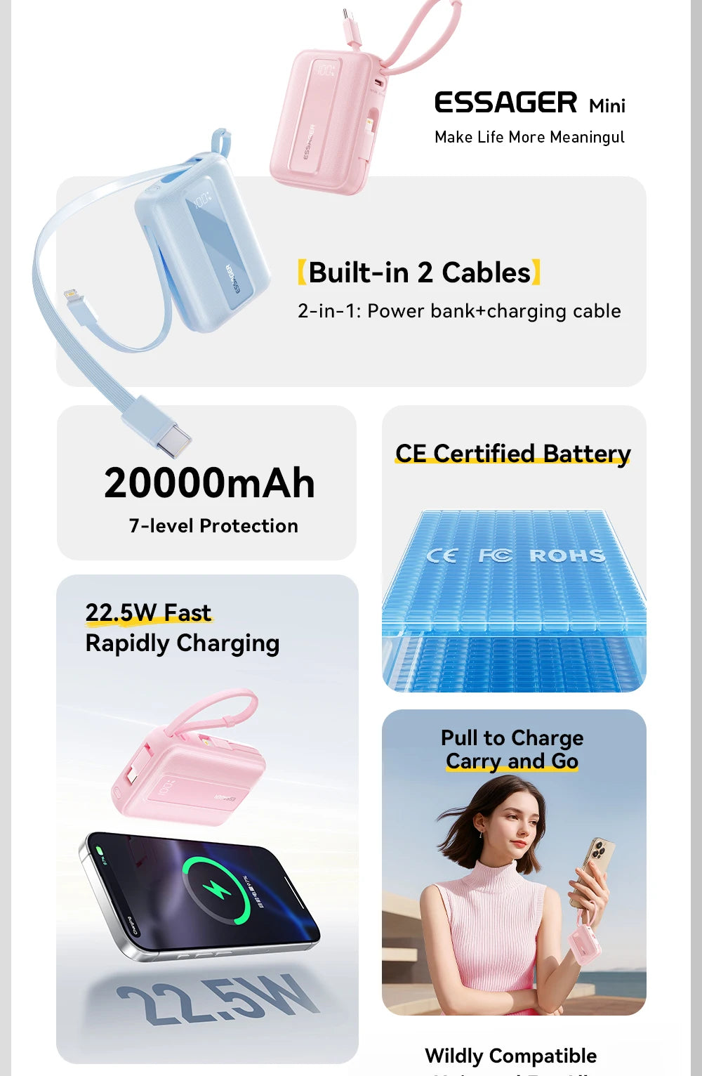 ESSAGER Mini Power Bank 20000mAh with Cables 22.5W PD