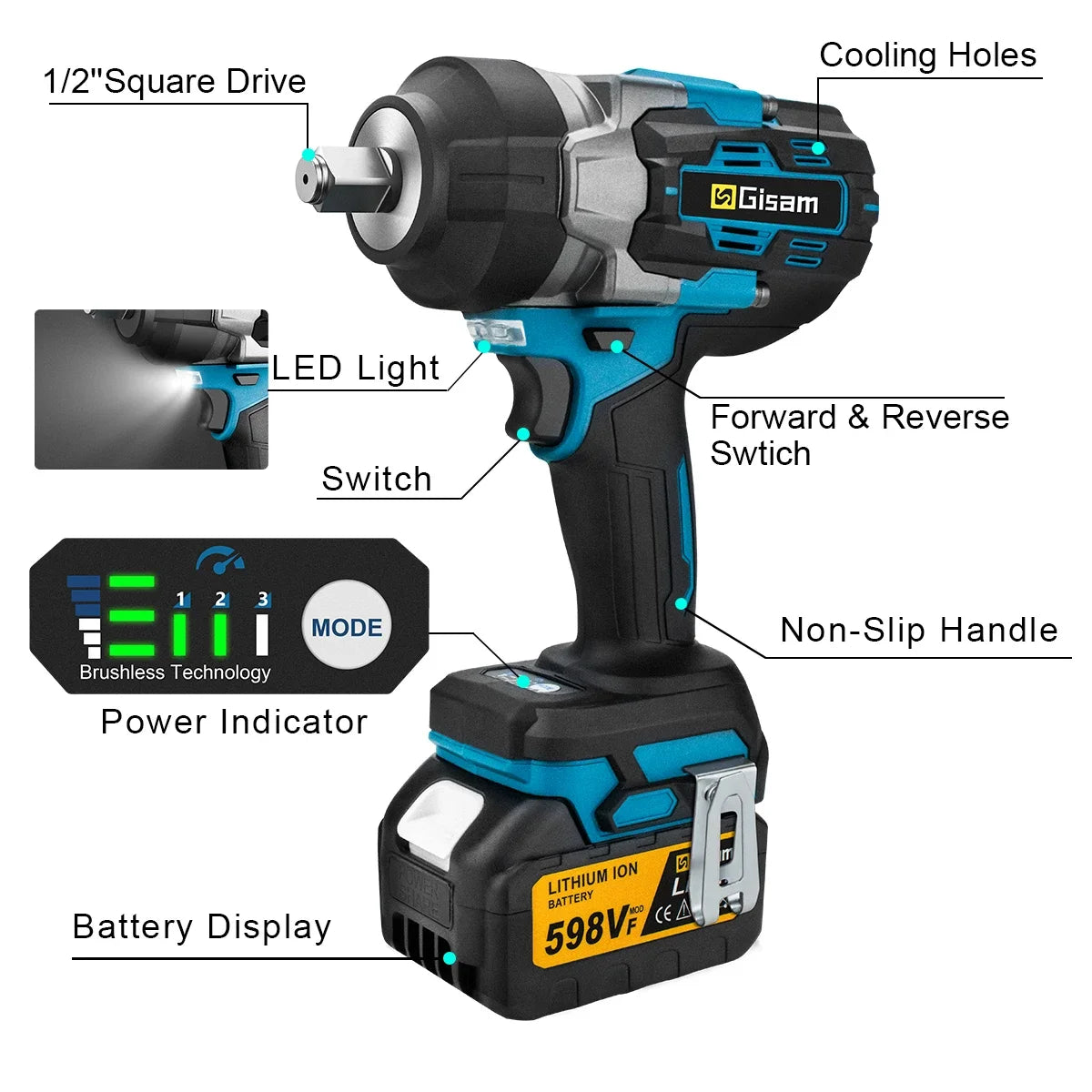 Gisam 2800N.m Brushless Impact Wrench 1/2" for Makita 18V