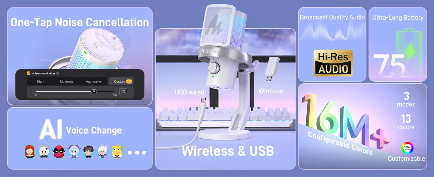 Maono DM40 – Wireless USB Condenser Microphone | AI Voice Changer, Noise Reduction & RGB Mic for Gaming, Streaming & PC Recording