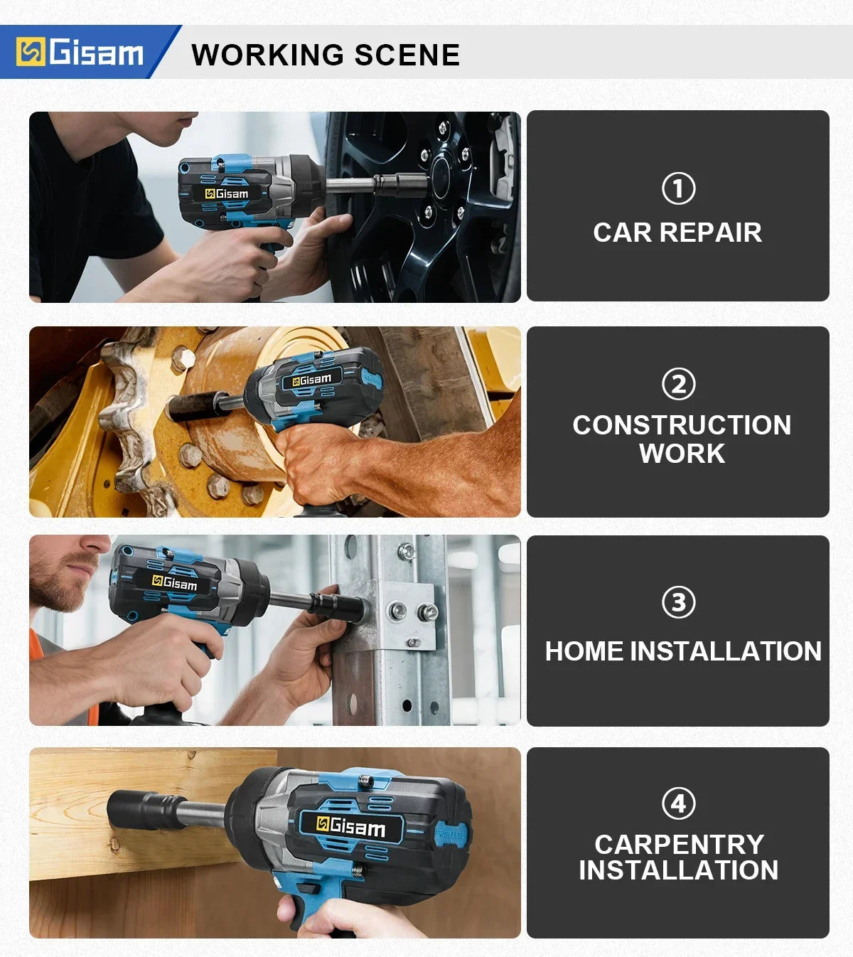 Gisam 2800N.m Brushless Extended Anvil Impact Wrench 1/2"