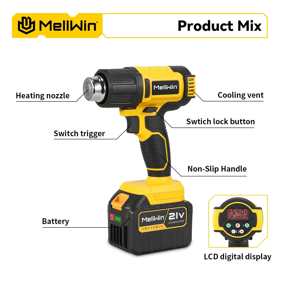 MELLWIN 540°C Cordless Electric Heat Gun 25 Gears Handheld Hot Air Blower Gun Home Welding Tools For Makita 18V Battery Pin - Limetastore