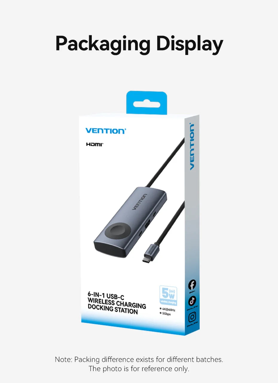 Vention USB‑C 6‑in‑1 Hub | 4K60Hz HDMI, PD 100W, USB 3.0, Apple Watch Wireless Charger