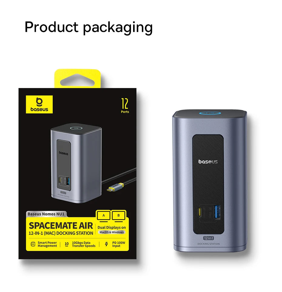 Baseus 12‑in‑1 USB‑C HUB | DisplayPort + HDMI 4K@60Hz MST, USB 3.2, RJ45, PD 100W Docking Station