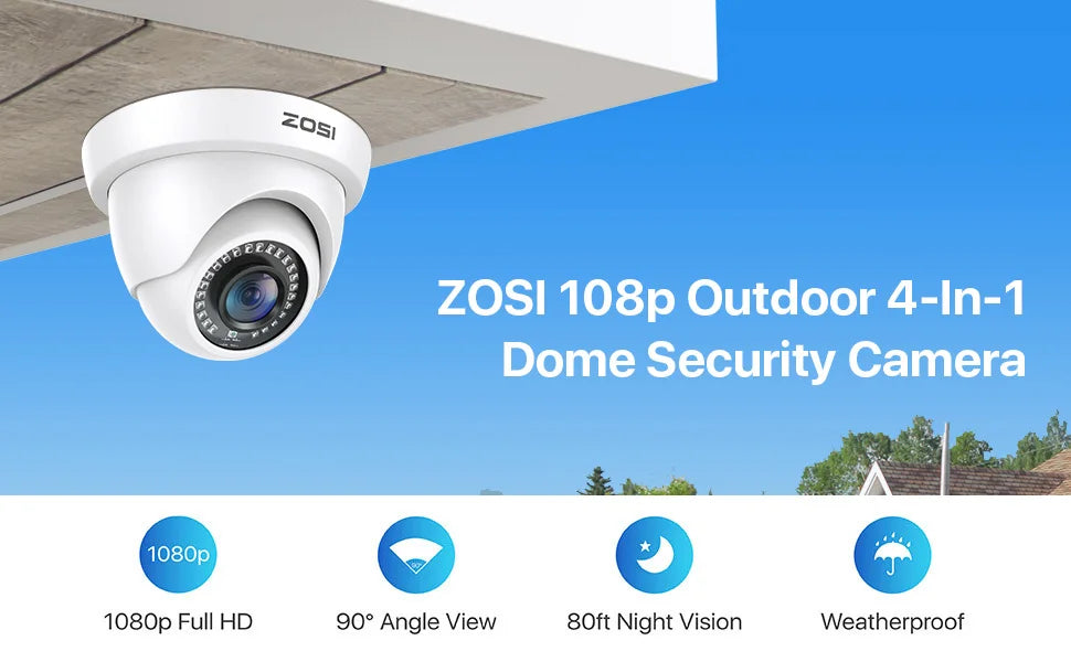 ZOSI 1080p 2MP 4‑in‑1 Dome Security Camera – TVI/CVI/AHD/CVBS Hybrid CCTV with IR