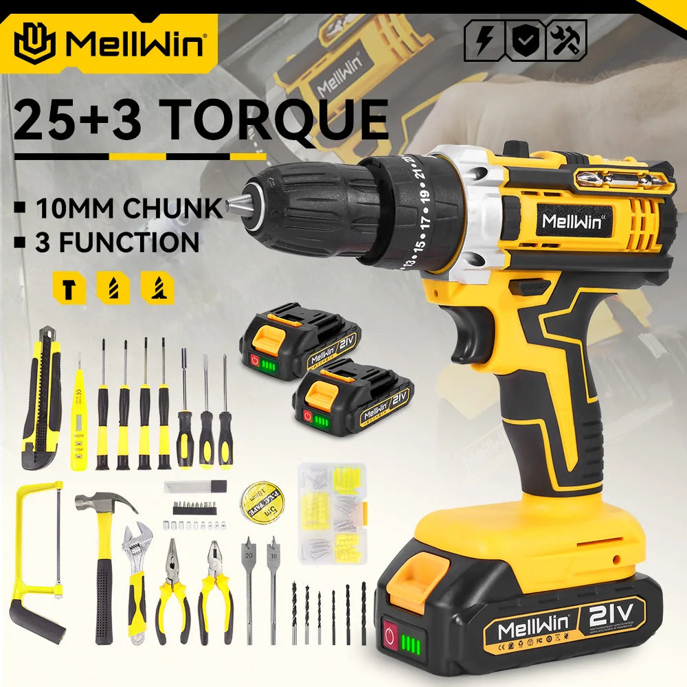 MELLWIN 25+3 Torque Electric Impact Drill 2 Speed Adjustable Cordless Electric Screwdriver Power Tool For Makita 18V Battery Pin - Limetastore