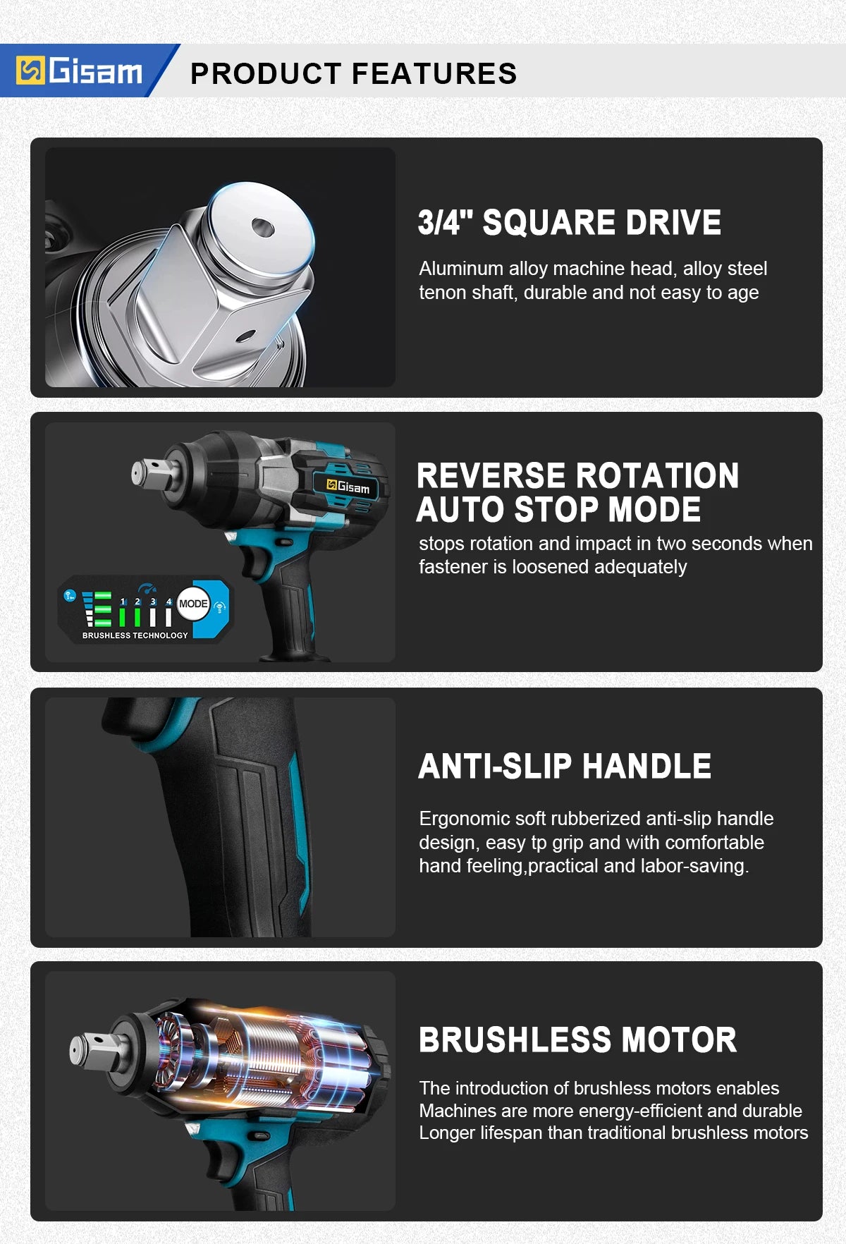 Gisam 3100N.M Torque Brushless Electric Impact Wrench 3/4 inch Cordless Electric Wrench Power Tool Compatible Makita 18V Battery