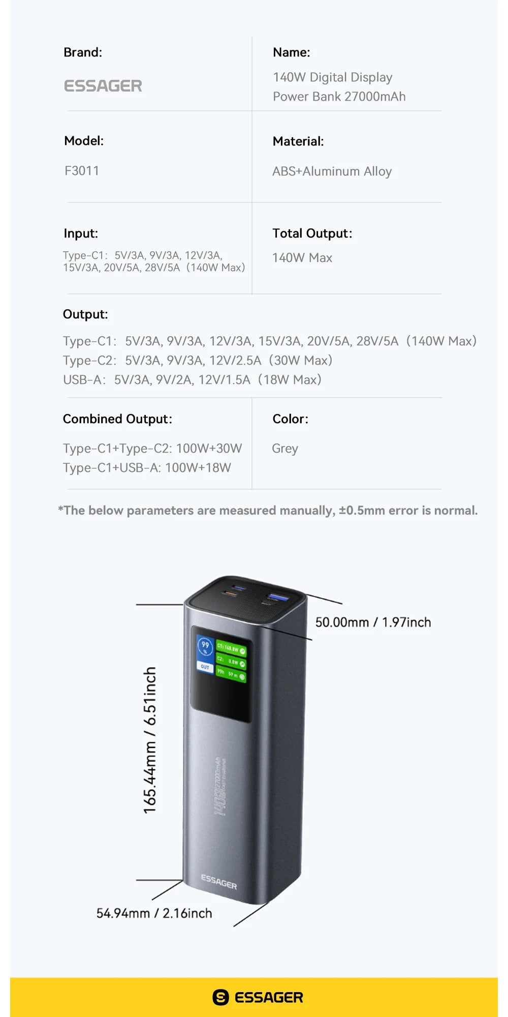 ESSAGER 140W USB-C Power Bank 27000mAh PD3.1 with Digital Display – Super Fast Charging