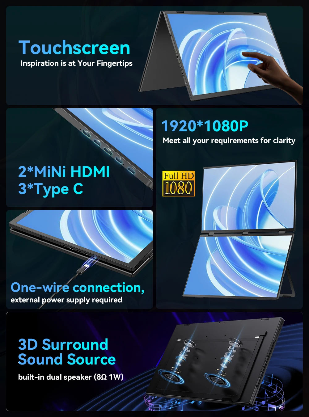 EVICIV 18.5" Touchscreen Portable Monitor 100Hz 1080P USB-C HDMI Dual Folding Stacked Gaming Display for Laptops PC Mac Phone - Limetastore