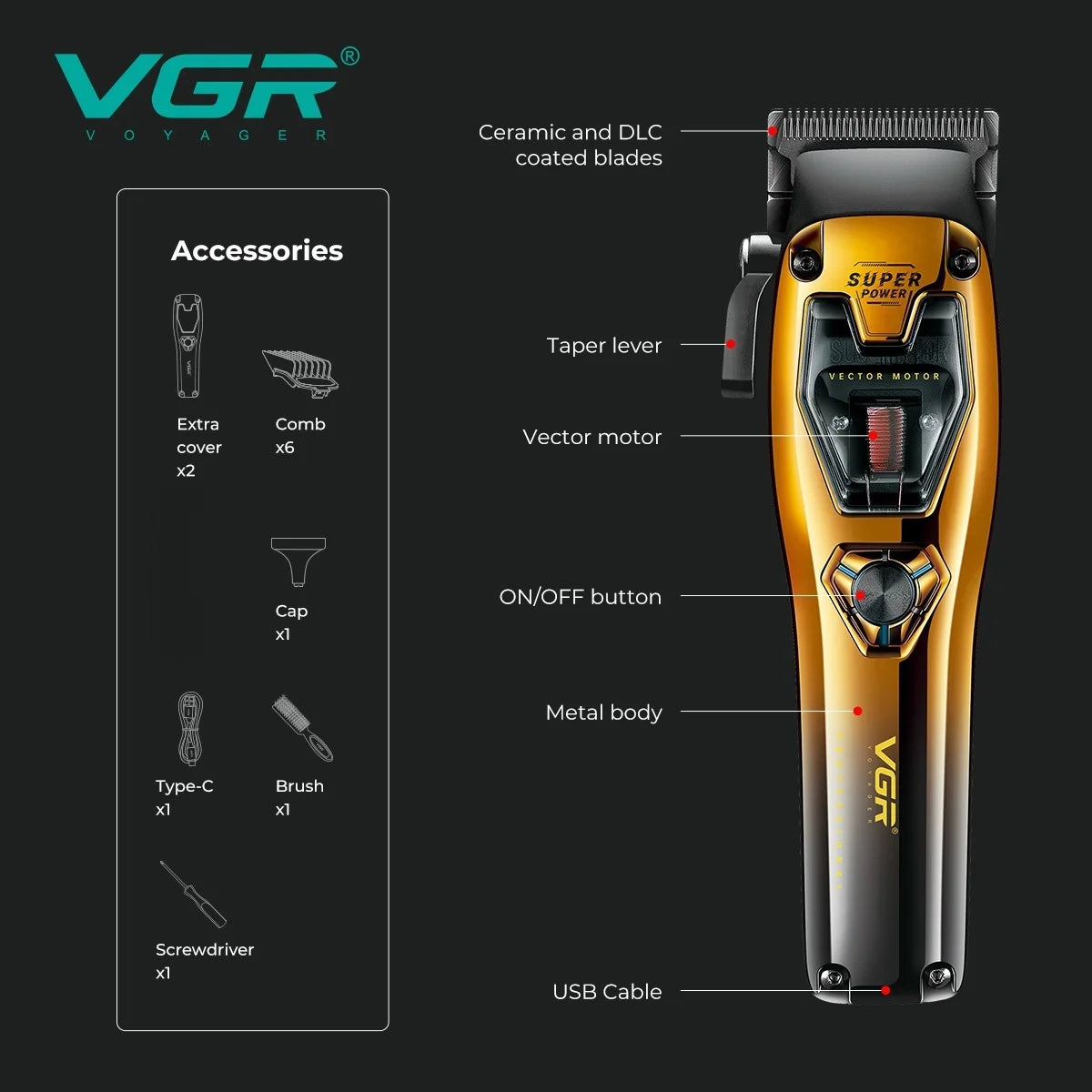 VGR Trimmer Cordless Hair Clipper Rechargeable Hair Cutting Machine Vector Motor Barber 11000 RPM Metal Trimmer for Men V-668