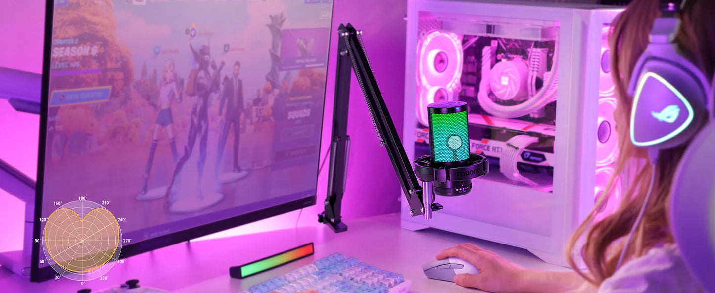Maono DGM20S – USB Gaming Condenser Microphone | RGB Lighting, Noise Cancellation & Boom Arm for Streaming, Podcasting, YouTube & TikTok