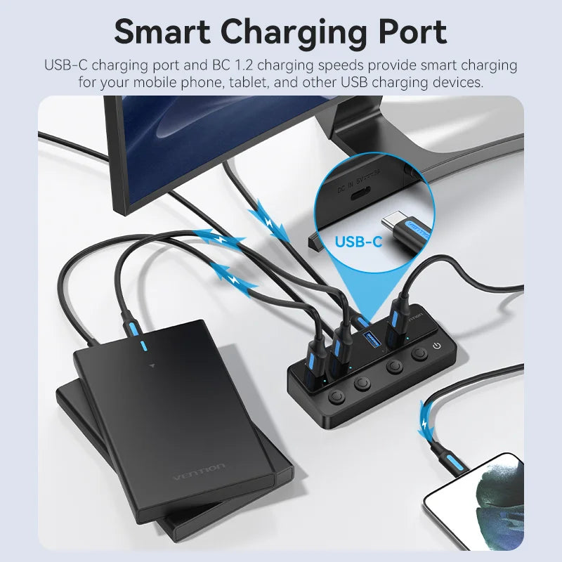 Vention USB 3.0 HUB with Individual Switches | 5Gbps High‑Speed USB‑A Port Extender