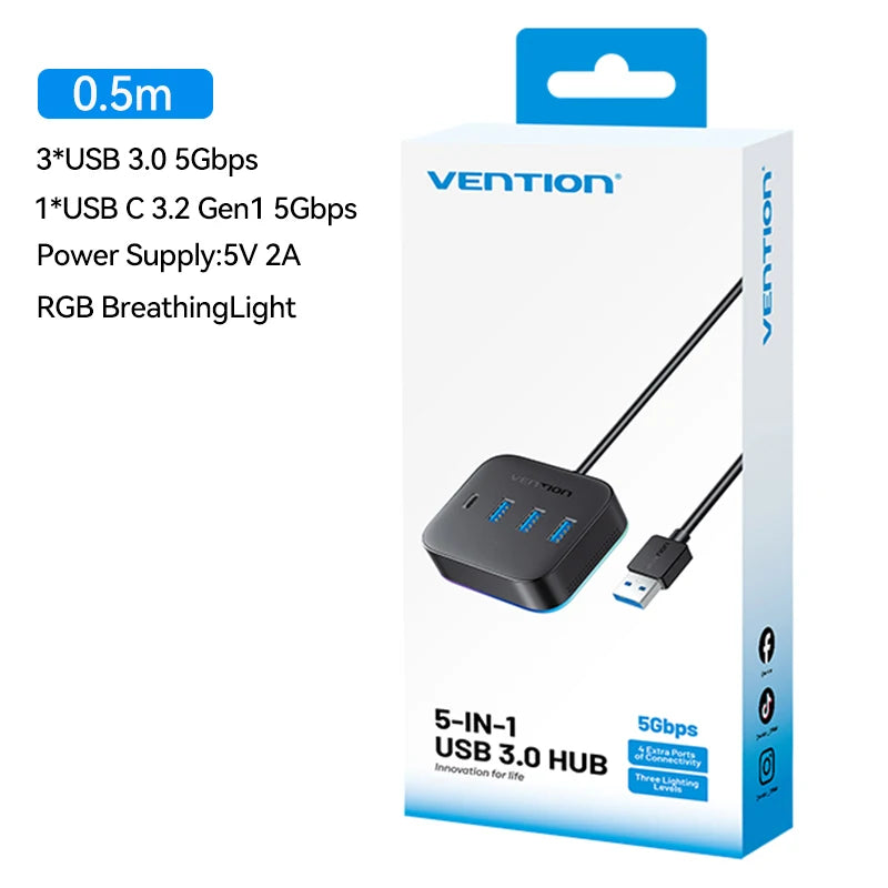 Vention USB 3.0 / USB‑C 3.2 Gen1 RGB Hub | 4‑Port 5Gbps Desktop Splitter for PC & Laptop