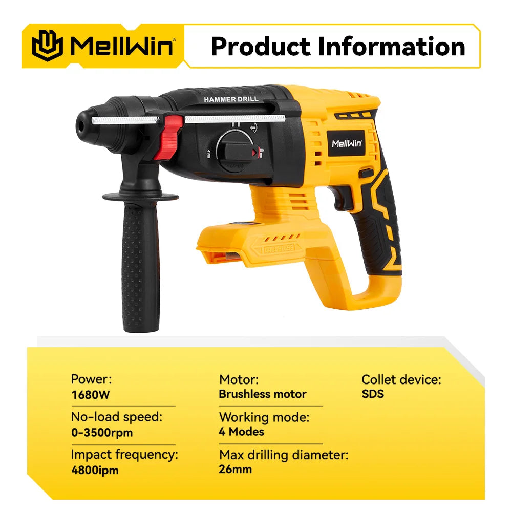 MELLWIN 3 in 1 Brushless Electric Hammer Drill Multifunction Impact Hammer for Steel Concrete Wood For Makita 18V Battery Pin - Limetastore