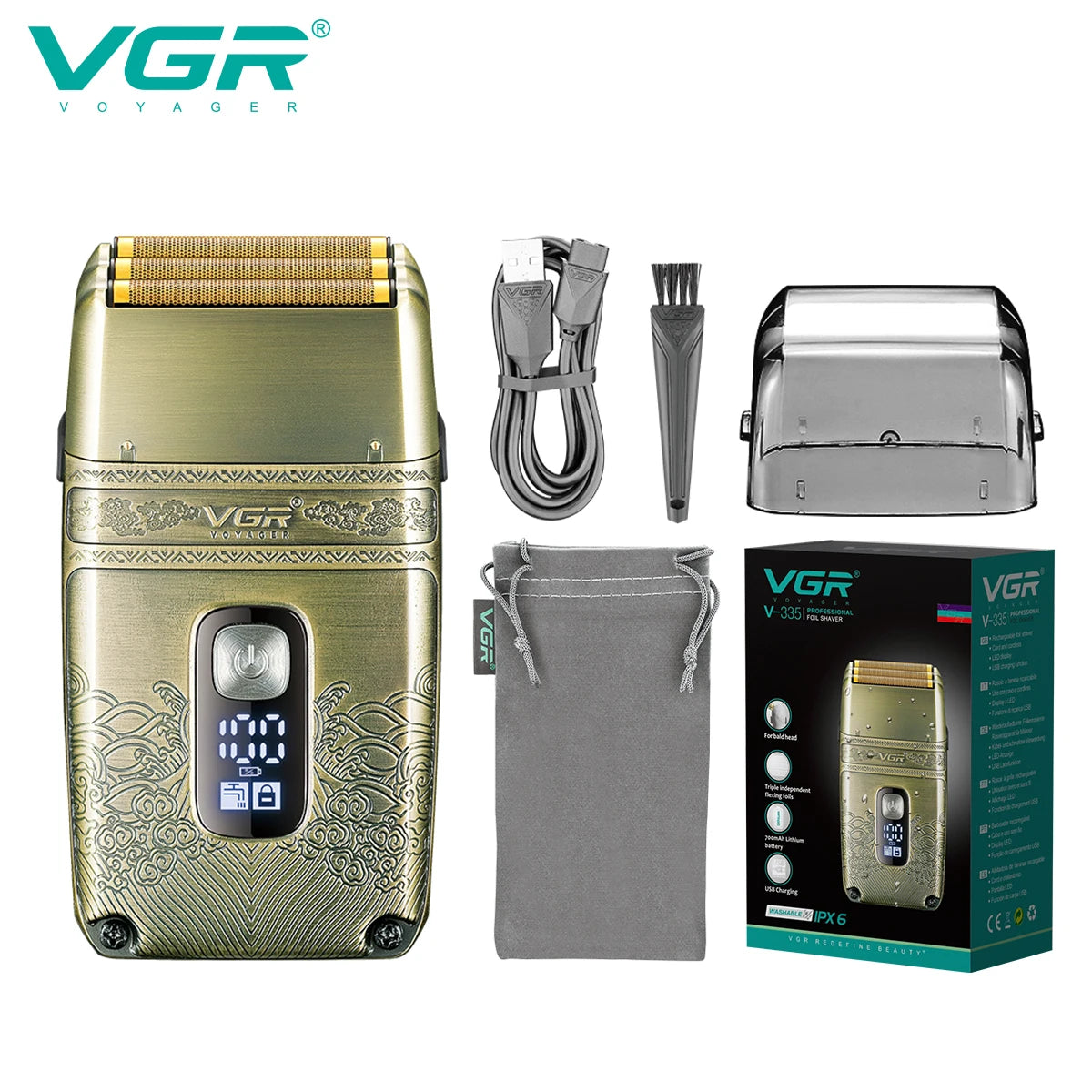 VGR Electric Shaver Professional Shaver Metal Beard Trimmer Titanium Blade Triple Foil Shaver for Bald Head LED Display V-335
