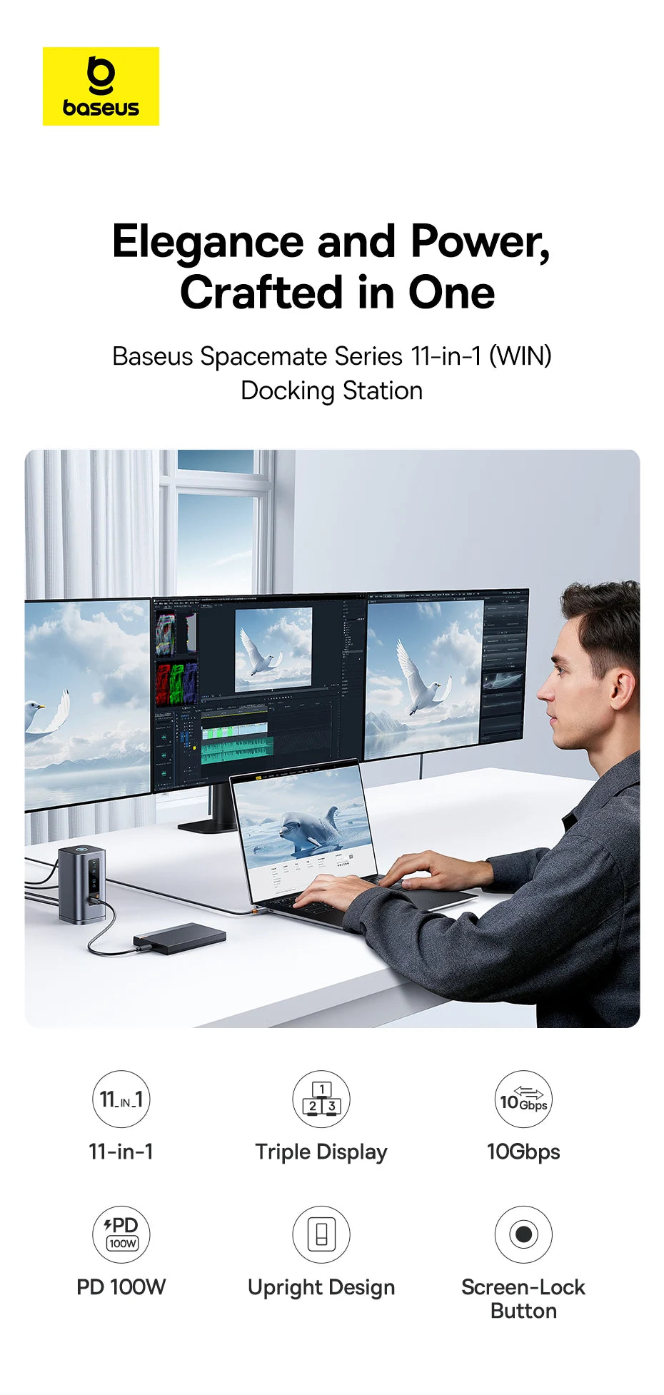 Baseus 11‑in‑1 USB‑C Hub | DP 4K@60Hz, HDMI, Triple Display, RJ45, PD 100W, USB 3.1 Docking Station