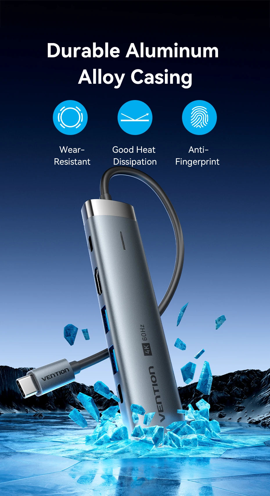 Vention USB‑C 6‑in‑1 Hub | HDMI 4K, PD 100W, RJ45, USB 3.0 Docking Station