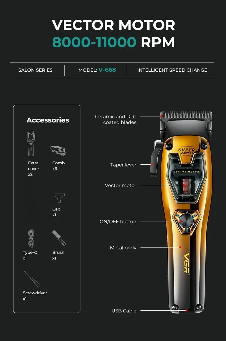 VGR Trimmer Cordless Hair Clipper Rechargeable Hair Cutting Machine Vector Motor Barber 11000 RPM Metal Trimmer for Men V-668