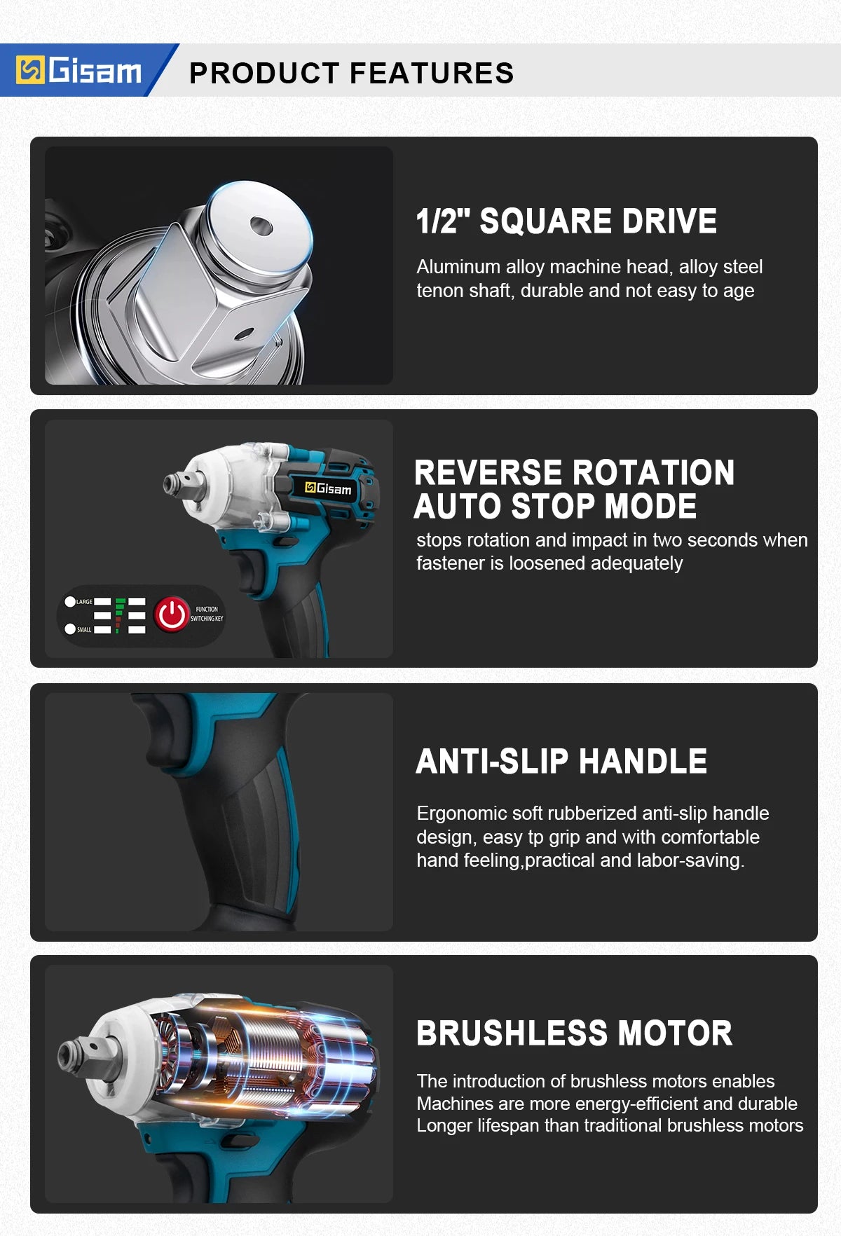 Gisam 320N.m Brushless Impact Wrench 1/2"