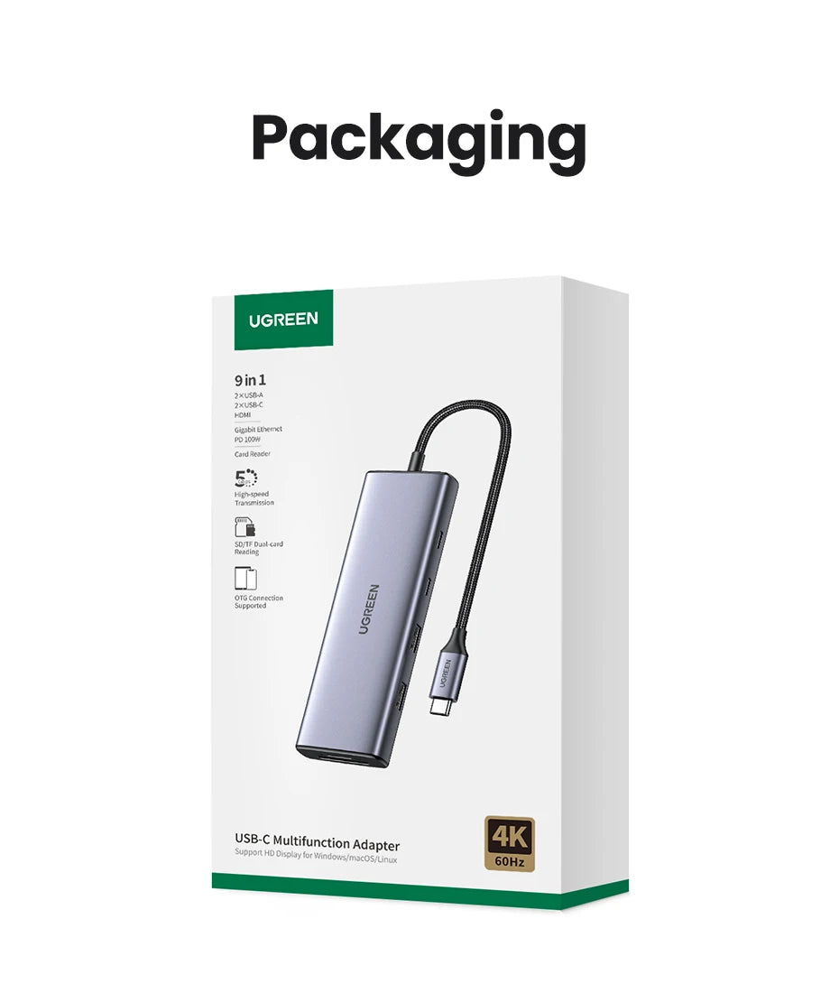 UGREEN 8‑in‑1 USB‑C Hub with 4K60Hz HDMI, Gigabit Ethernet, SD/TF, USB‑A & USB‑C