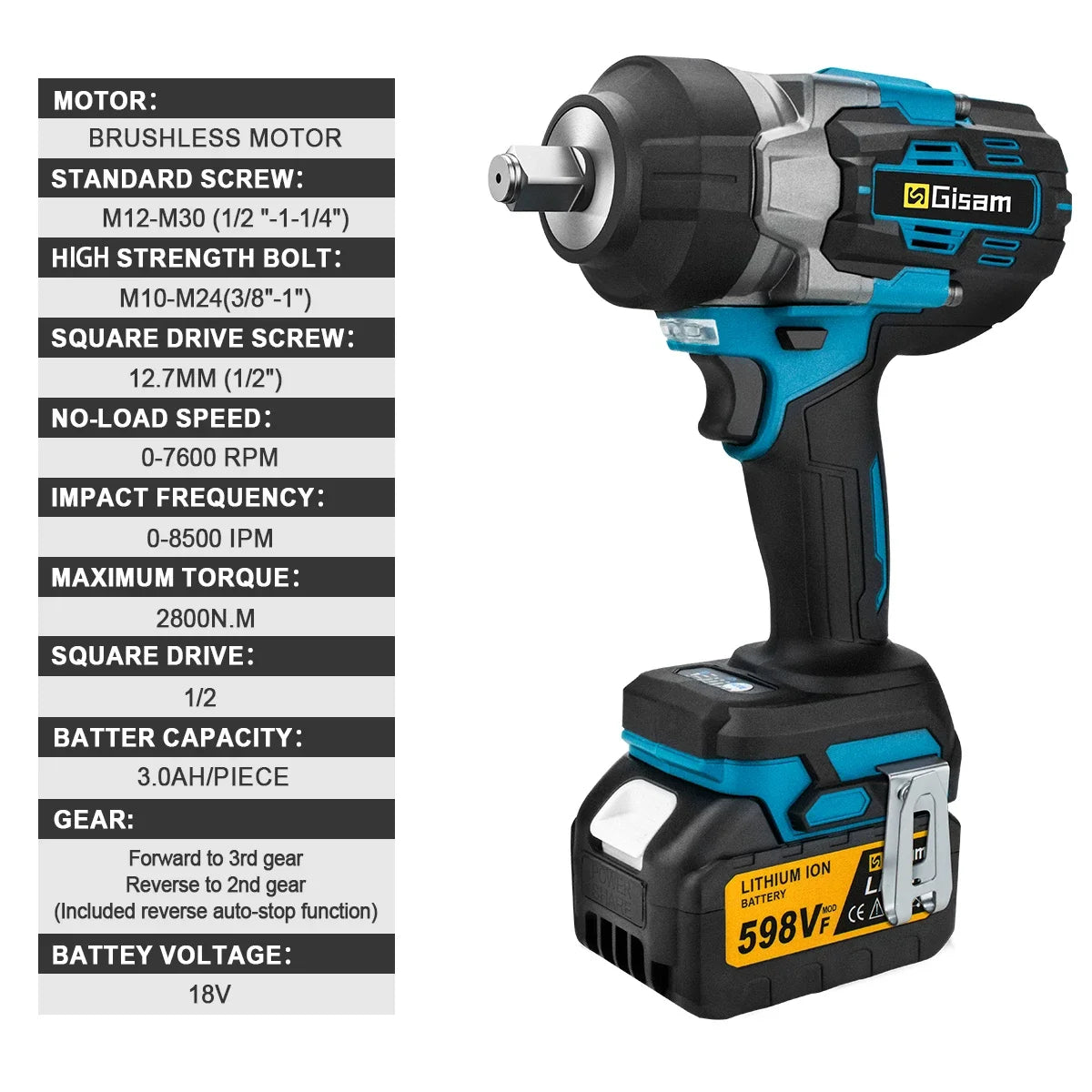 Gisam 2800N.m Brushless Impact Wrench 1/2" for Makita 18V