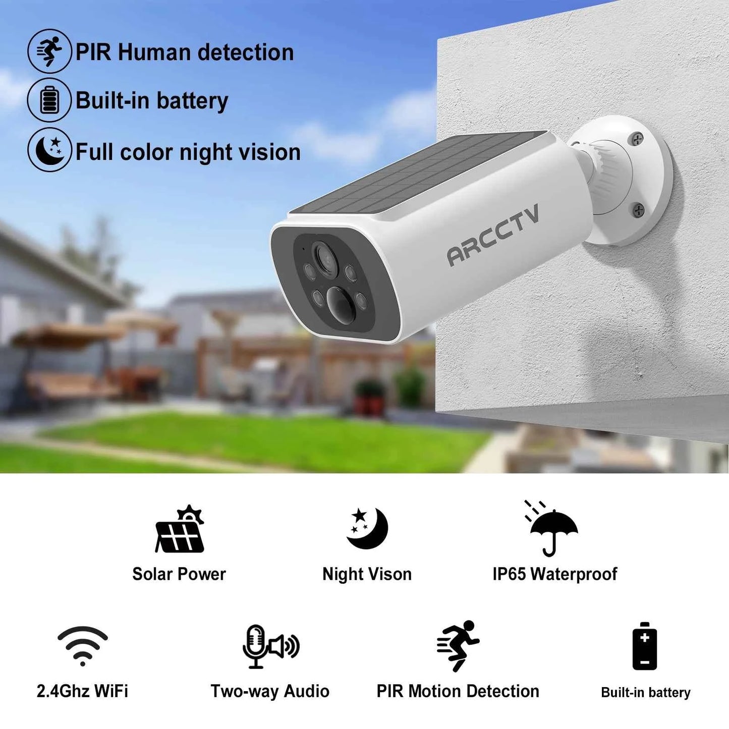 ARCCTV 2K Wireless Solar Camera Outdoor Surveillance Integrated Battery Wifi Camera Humanoid Detection Flash Alarm Night Vision - Limetastore