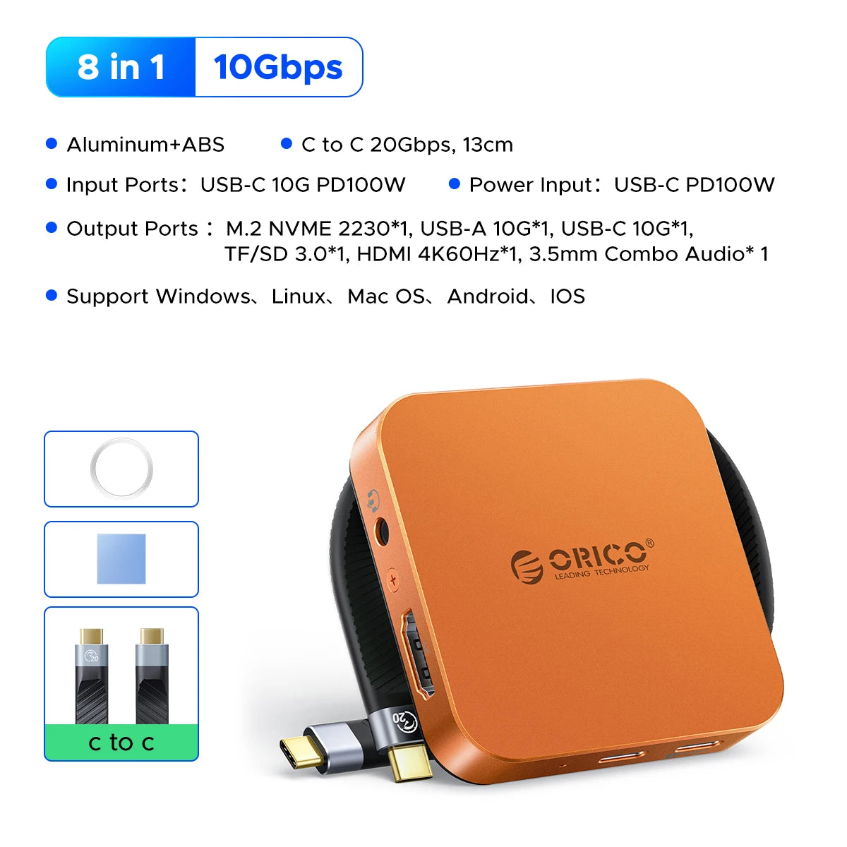 ORICO Magnetic M.2 2230 NVMe SSD Enclosure with 10Gbps USB‑C Docking Station