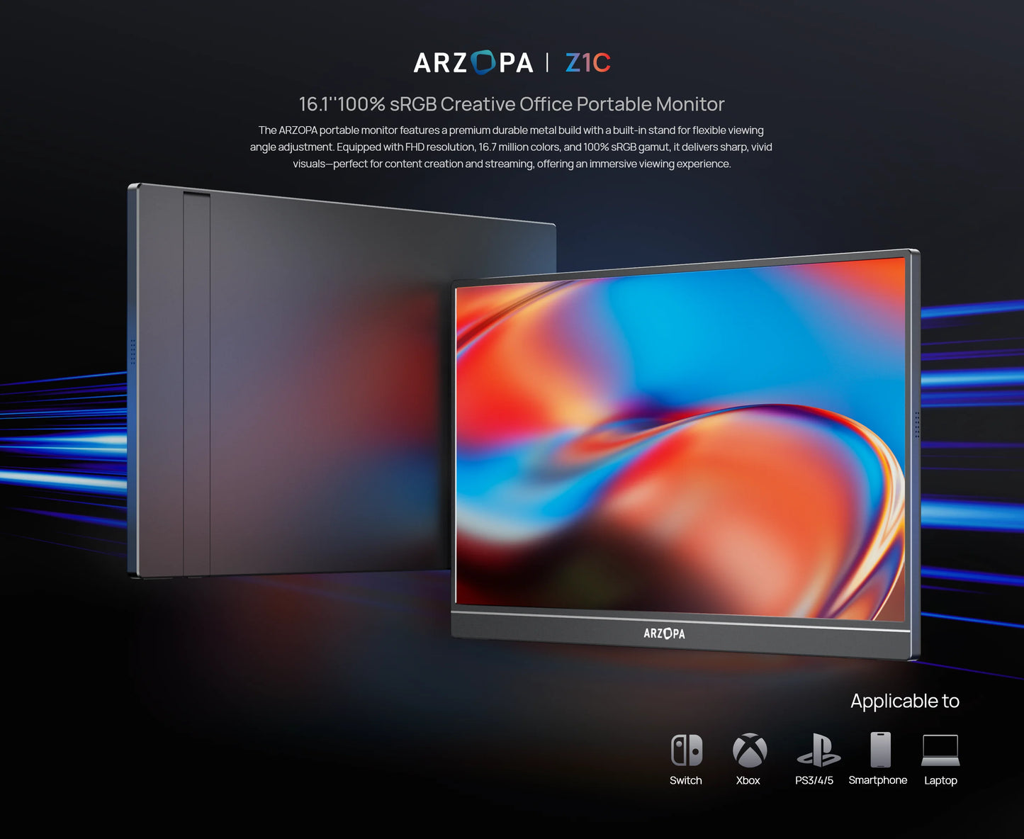 ARZOPA Z1C 16,1-palčni prenosni monitor | 1080P FHD, 100 % sRGB, IPS, USB-C in Mini HDMI