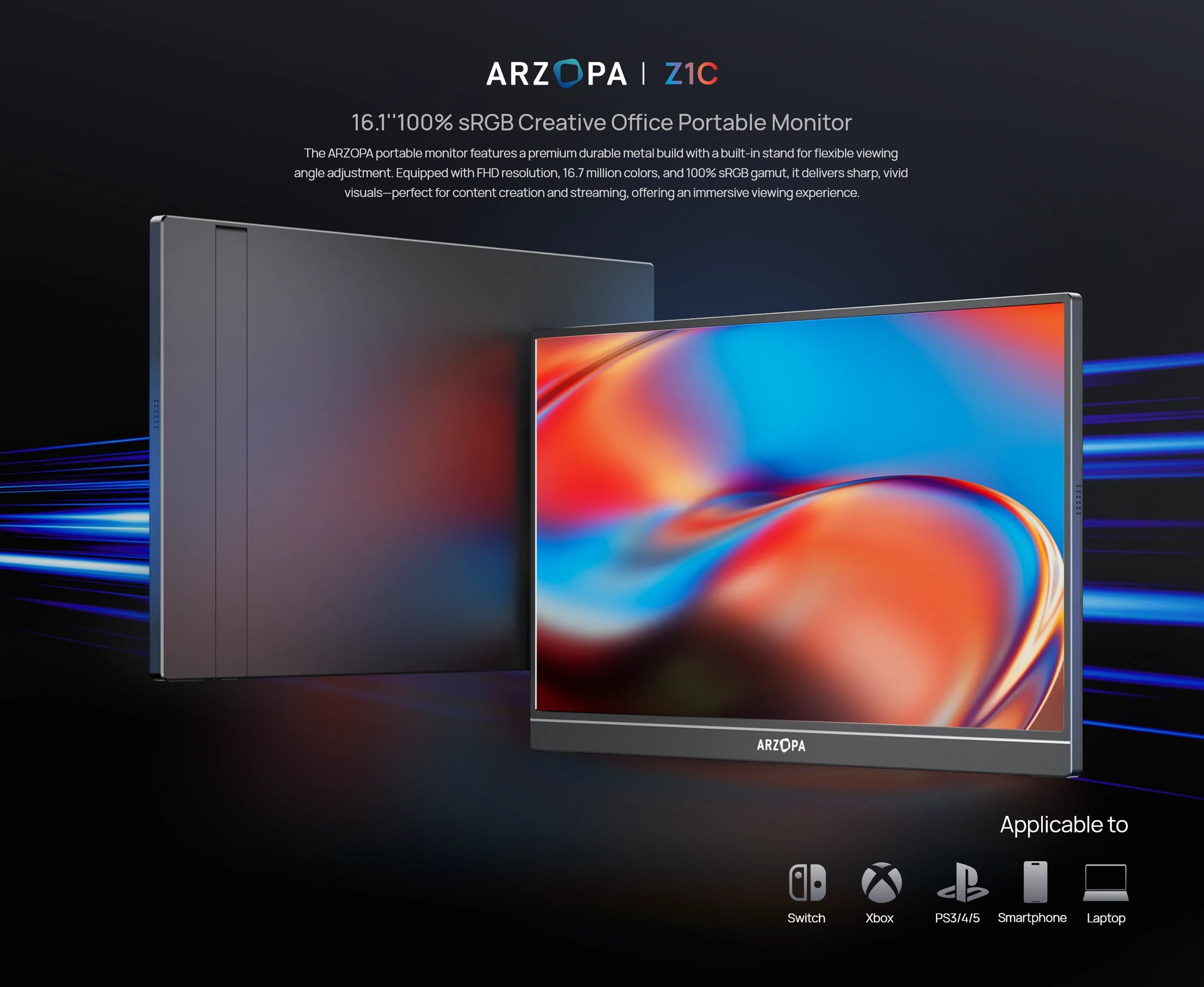 ARZOPA Z1C 16,1-palčni prenosni monitor | 1080P FHD, 100 % sRGB, IPS, USB-C in Mini HDMI