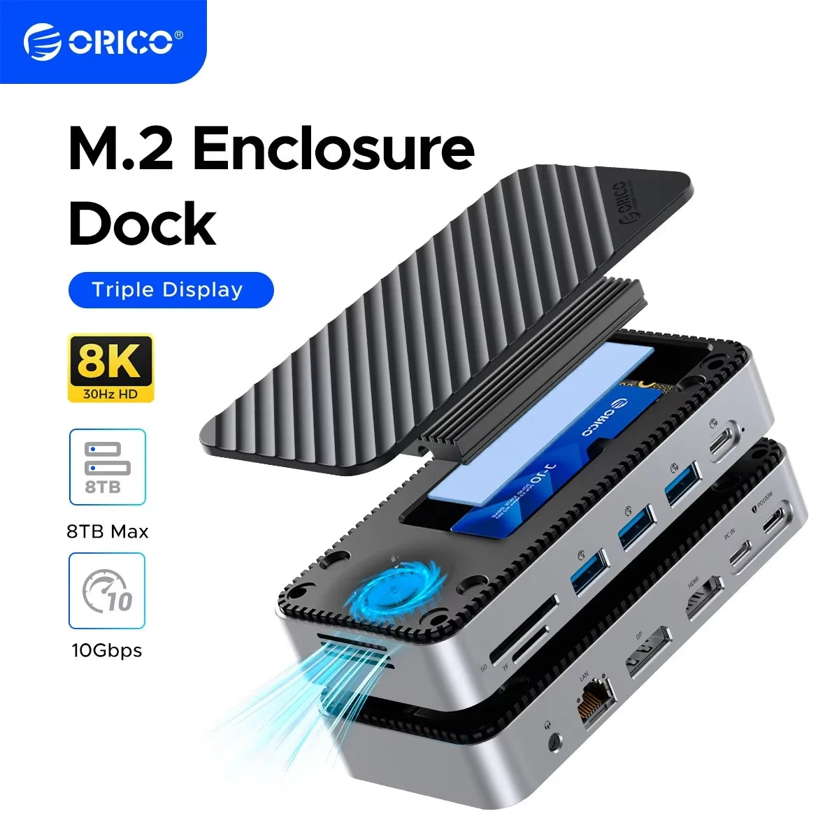 ORICO 10Gbps USB‑C Display Hub with M.2 NVMe/SATA SSD Enclosure, Cooling Fan, 4K60Hz HDMI