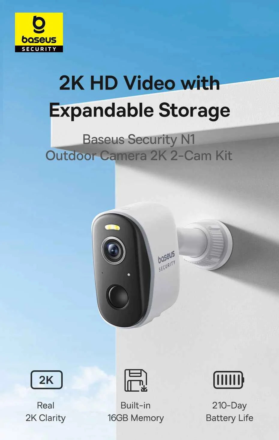 Baseus Security Protection Outdoor Camera N1 Series 2K 2-Cam Kit Wireless Home Security 210-Day Battery Life HomeKit 16TB Memory - Limetastore