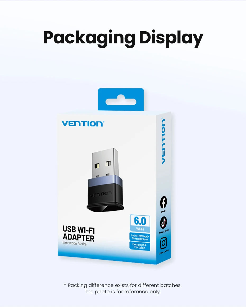 Vention WiFi 6 AX900 USB Adapter | Dual‑Band 2.4/5GHz Wireless Dongle for Windows PC & Laptop