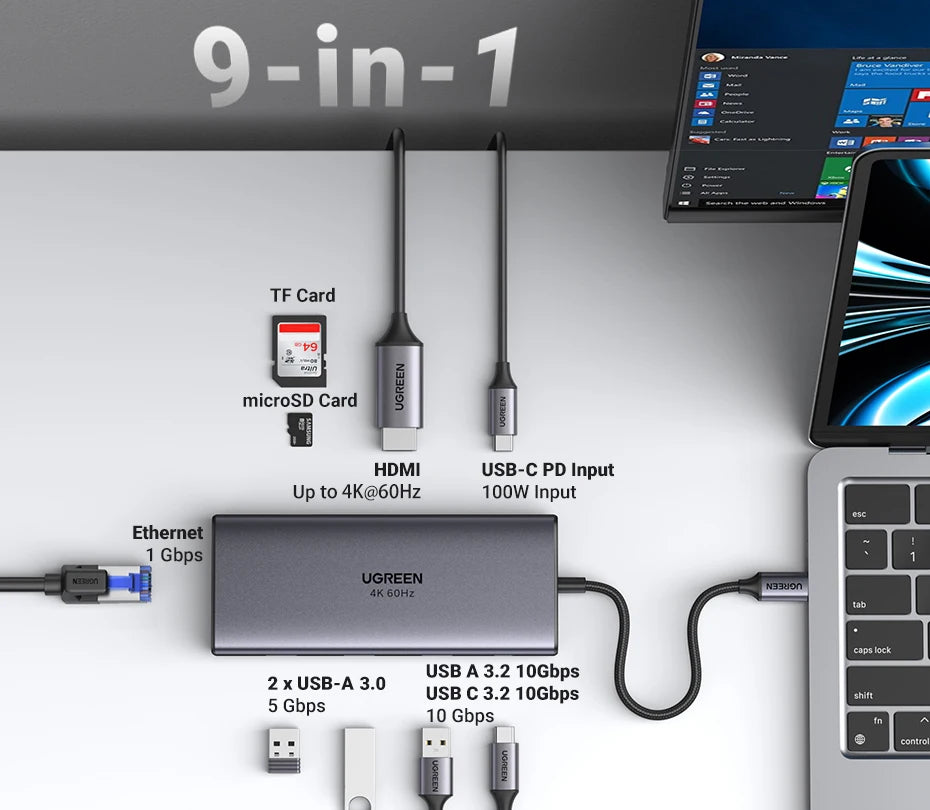 UGREEN 9‑in‑1 USB‑C Hub with 4K60Hz HDMI, 10Gbps USB Ports, Gigabit Ethernet, PD100W