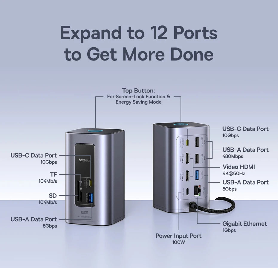 Baseus 12‑in‑1 USB‑C HUB | Dual HDMI 4K@60Hz, USB 3.2, RJ45, SD/TF, PD 100W Docking Station