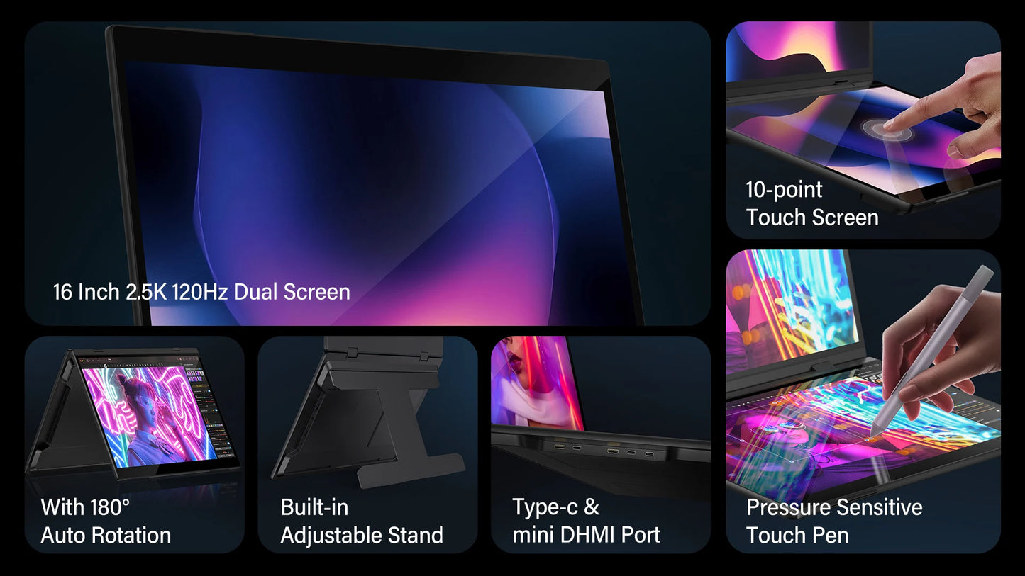 UPERFECT Delta Pro Touch 16" 2.5K 1600P Dual Touch Monitor with Touch Pen - Foldable Travel Display for Laptop, PC, Mac, and Windows via USB-C and HDMI - Limetastore